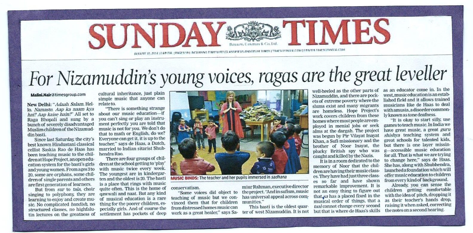Sunday Times feature on the Nizamuddin Hope Project
